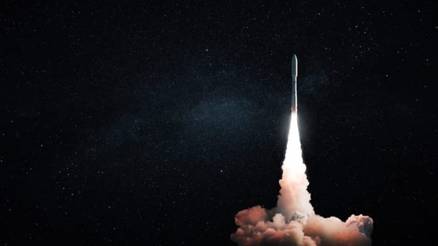 Space modern technology rocket with smoke and blast takes off to the night starry sky. Travel and space exploration, creative idea. Free space for text and design. Spaceship successful launch