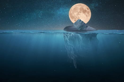 Amazing tip of the iceberg floats in the ocean at night with stars and full moon. Hidden danger underwater. Global warming, creative idea. Melting glaciers, concept