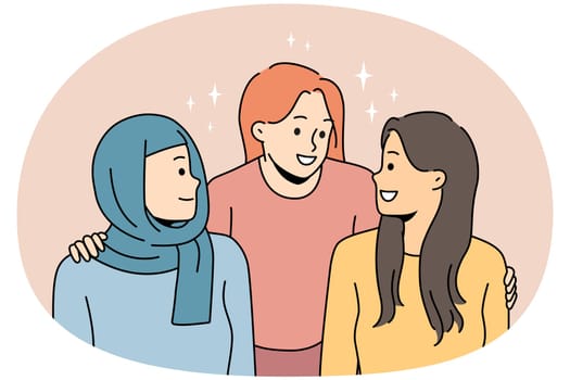 Smiling diverse multiethnic women hugging and talking. Concept of interracial multinational friendship. Vector illustration.