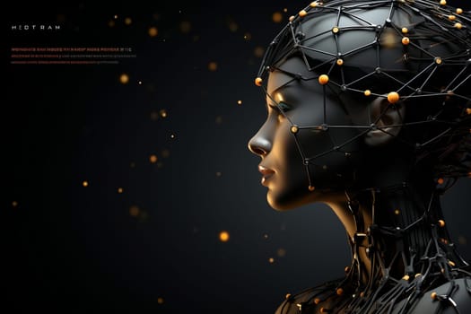 Illustration of a cyborg woman and Ai technology background with customizable space for text.