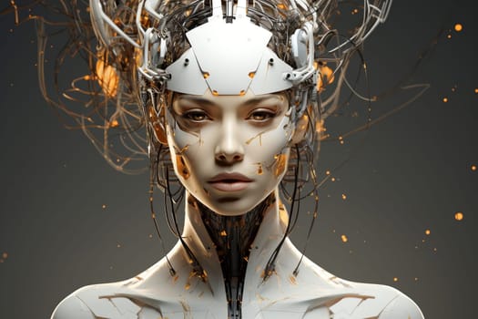 Illustration of a cyborg woman and Ai technology background with customizable space for text.