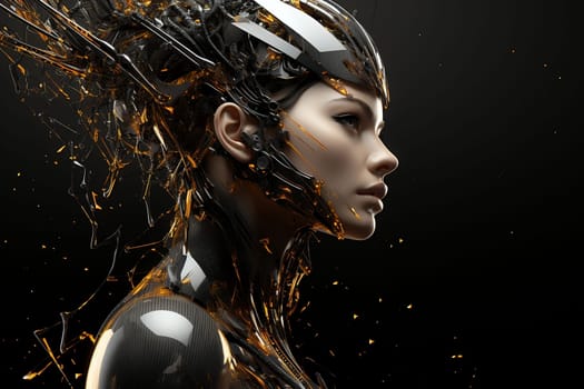 Illustration of a cyborg woman and Ai technology background with customizable space for text.