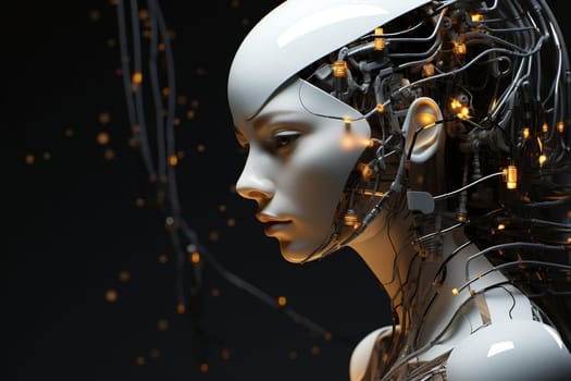 Illustration of a cyborg woman and Ai technology background with customizable space for text.