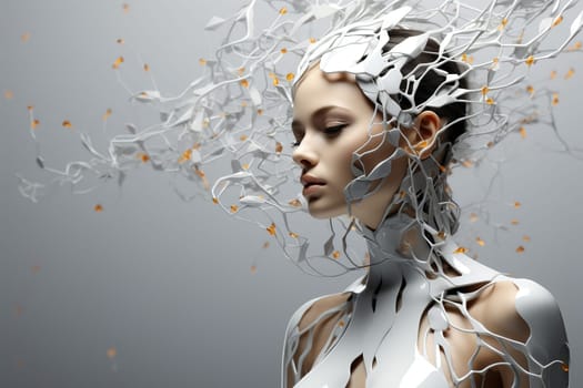 Illustration of a cyborg woman and Ai technology background with customizable space for text.