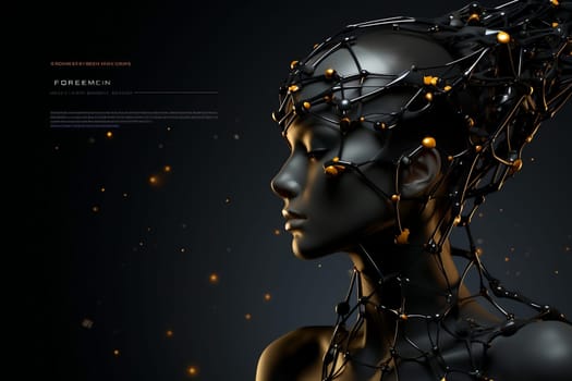 Illustration of a cyborg woman and Ai technology background with customizable space for text.