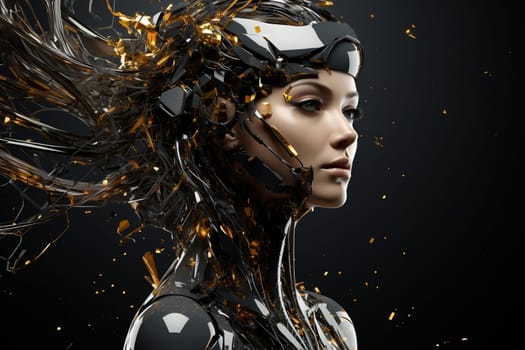 Futuristic cyborg woman and Ai technology background with customizable space for text.