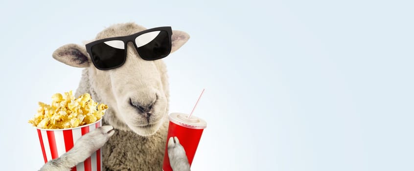 Funny hipster sheep with fashion sunglasses holds a red cup of cola and a basket of popcorn rest and watching a movie on a blue background. Creative idea, rest. Happy fun animal concept