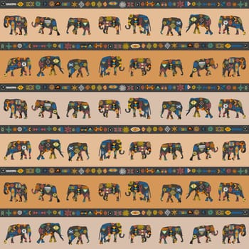 African seamless pattern with elephants and ethnic symbols