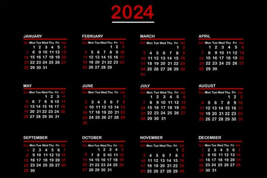 2024 calendar over black background