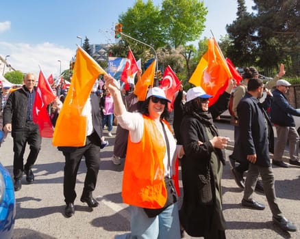 Istanbul, Turkey - May 13 2023: March of AK Party in Cumhuriyet street, Uskudar neighbourhood during 2023 elections