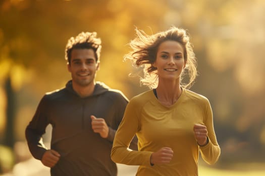 Couple running outdoor during workout on autumn day. Man and woman jogging in park. Active people. People while cardio training. Physical fitness. Cardio workout. Healthy lifestyle. Daily routine. Body exercises