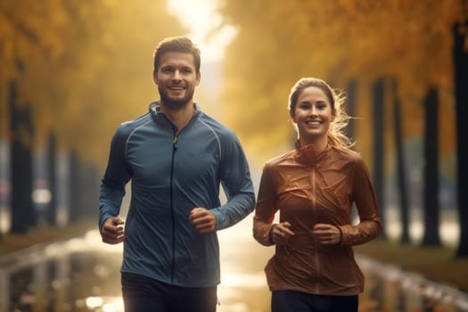 Couple running outdoor during workout on autumn day. Man and woman jogging in park. Active people. People while cardio training. Physical fitness. Cardio workout. Healthy lifestyle. Daily routine. Body exercises