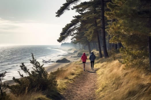 Friends running outdoor on autumn sunny day. Man and woman jogging by the sea. Active people. Cardio training. Physical fitness. Cardio workout. Healthy lifestyle. Daily routine of active people. Body exercising close to nature