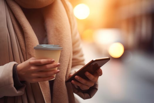 Woman having hot coffee on the go outdoors on winter day. Female using mobile phone. Enjoying takeaway coffee. Woman dressed warm standing in a street downtown