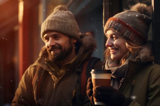 Positive couple having hot drinks on the go outdoors on winter day. Having fun, having conversation, talking together. Young people are having a walk with hot drinks. Enjoying coffee on the go. People dressed warm standing in a street downtown