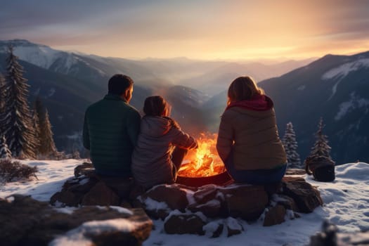 Family sitting around campfire in evening during mountain winter trip. Winter season. People having fun sitting at bonfire looking at mountain landscape. Enjoying fire in the evening. Weekend trip. Travel to the mountains. Natural destinations