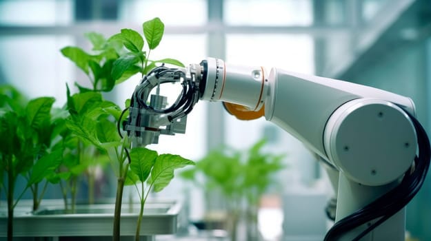 Agricultural biotechnology and smart farming. Laboratory research and using AI robotic hand provide nutrients for growing plants. AI generated