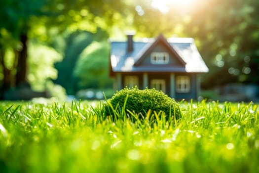 Buying real estate in rural areas. Green grass lawn with a blurred house on background. The concept of real estate. AI generated