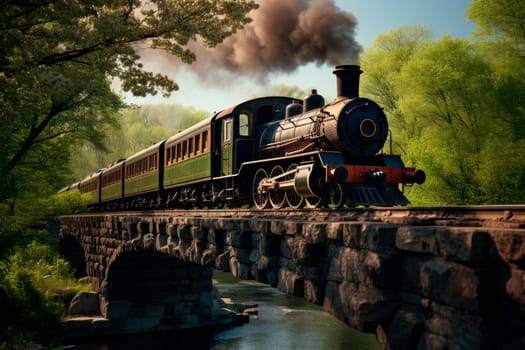 Vintage steam train crossing an old stone bridge over a river at the spring forest. Ai generated
