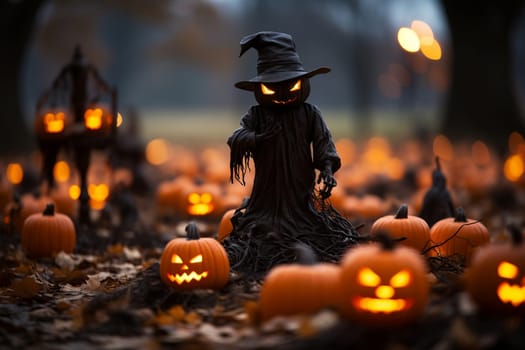 Scary Halloween pumpkin head jack lantern looking at you. Halloween and ghost month concept.