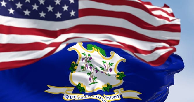 Connecticut and the United states flags waving in the wind on a clear day. US state flag. Pride and patriotism concept. 3d illustration render. Fluttering fabric