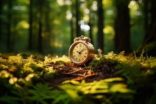 World earth hour, alarm clock stands in the forest, turn off lights, save energy, protect nature and planet earth, environment and ecology