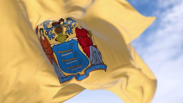 Close-up of New Jersey state flag waving in the wind. US state flag. Pride and community concept. 3d illustration render. Rippling fabric. Selective focus