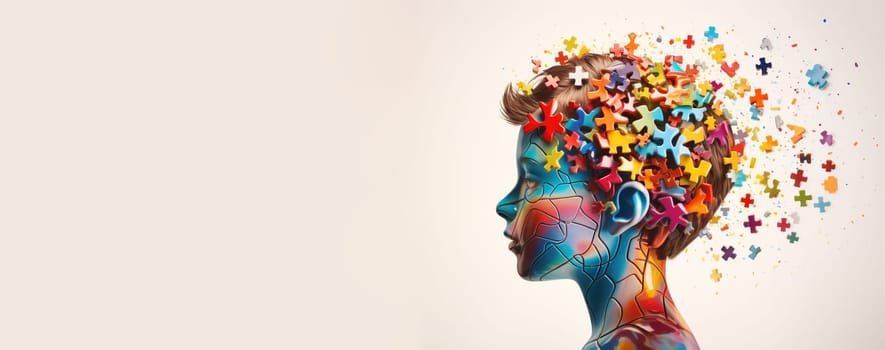 ADHD, attention deficit hyperactivity disorder, mental health, head of a child with colorful jigsaw or puzzle pieces