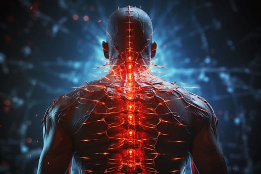 Man with back pain, injury at the spine, painful backache, osteoporosis, inflammation of the muscle