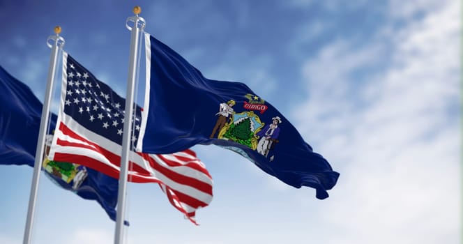 Maine state flags and the American flag waving in the wind on a clear day. US state flag. Pride and patriotism concept. 3d illustration render. Rippling fabric. Selective focus