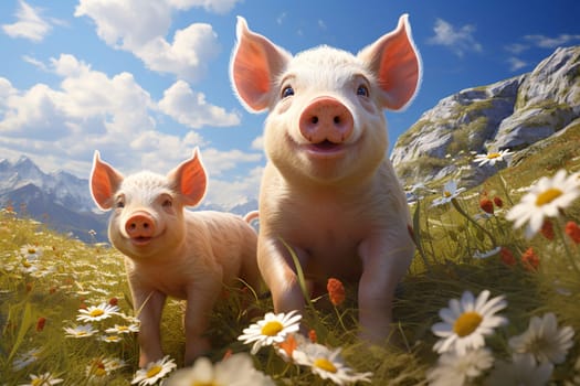 Pigs on the meadow in the mountains, funny pink piglet with flowers, animals on the farm