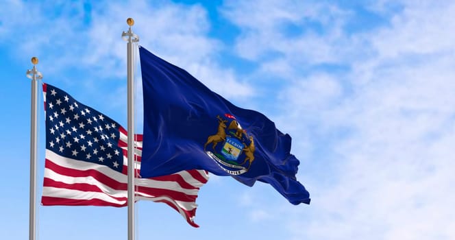 Michigan state flag and national american flag waving in the wind on a clear day. Pride and patriotism concept. 3d illustration render. Rippling fabric