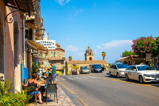 Sicily, Taormina, Italy - 28 September 2023. City views, facades, architecture and the most popular streets. The free shuttle from Lumbi car park to Taormina town stops here.