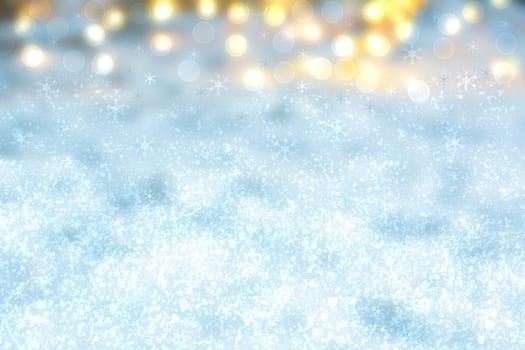 Abstract blurred festive winter christmas or Happy New Year background with shiny blue and white bokeh lighted snow landscape. Space for your design. Card concept.