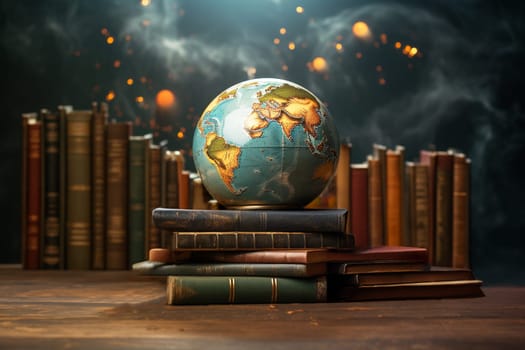 Globe of planet earth and pile of old books, world book day, reading and learning new skill, knowledge is power, education concept