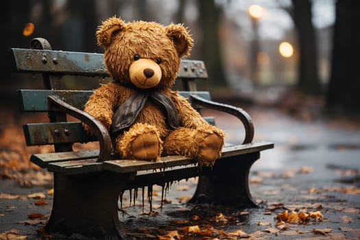 Teddy bear sitting on a park bench, forgotten lonely child toy with wet fur, rainy day