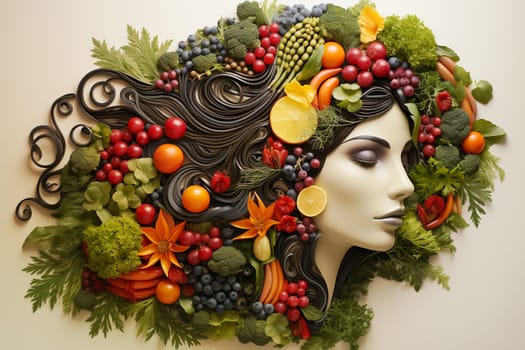 Brain made from vegetables and fruits like broccoli, salad and berries, healthy food and lifestyle, vegan nourishment