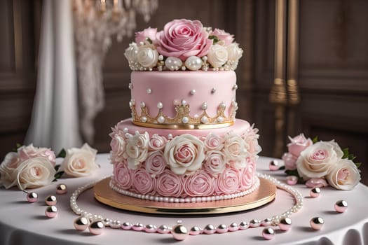 Wedding cake decorated with pink roses and gold crown on the table. ai generative