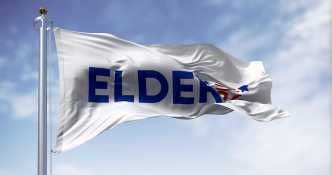 Jersey City, US, Oct. 20 2023: Larry Elder 2024 presidential campaign flag waving on a clear day. Illustrative editorial 3d illustration render. 2024 US presidential election