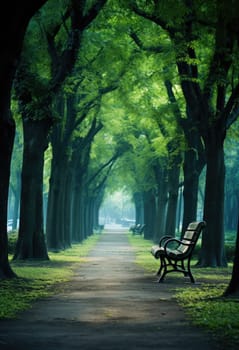 Bench in the park with green trees in the background