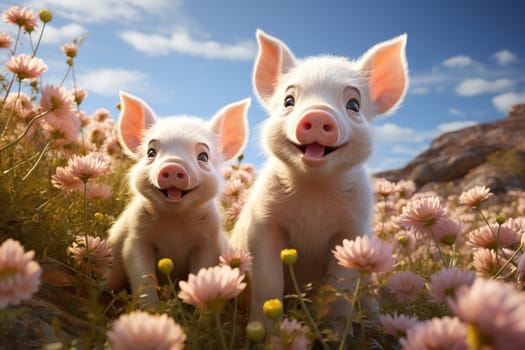 Pigs on the meadow in the mountains, funny pink piglet with flowers, animals on the farm