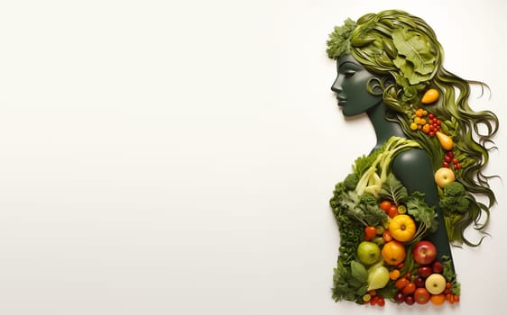 Body made from vegetables and fruits like broccoli, salad and apples, healthy food and lifestyle, vegan nourishment