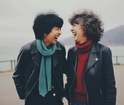 Asian Cheerful middle age female friends laughing while standing at promenade against sky AI generated