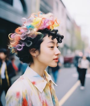 LGBT Thoughtful young Asian at pride parade during sunny day in city AI generated