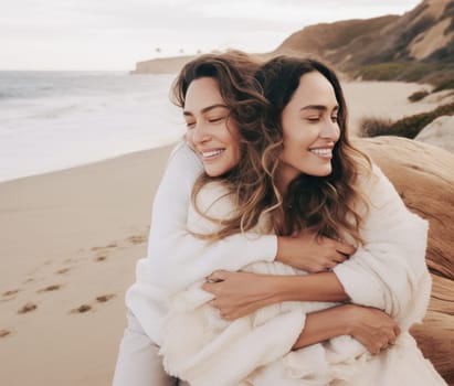 Happy beautiful Caucasian lesbians wrapped in blanket embracing while spending quality time at beach AI generated