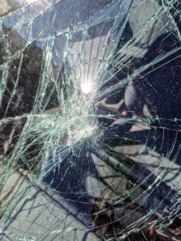 Broken Car Windscreen Or Windshield Window. Smashed Front Glass