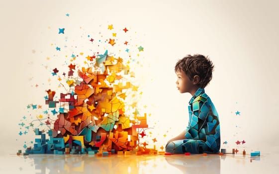ADHD, attention deficit hyperactivity disorder, mental health, child with pile of colorful jigsaw or puzzle pieces