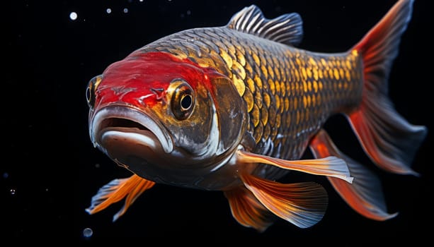 Close up view of Koi fish on dark background.