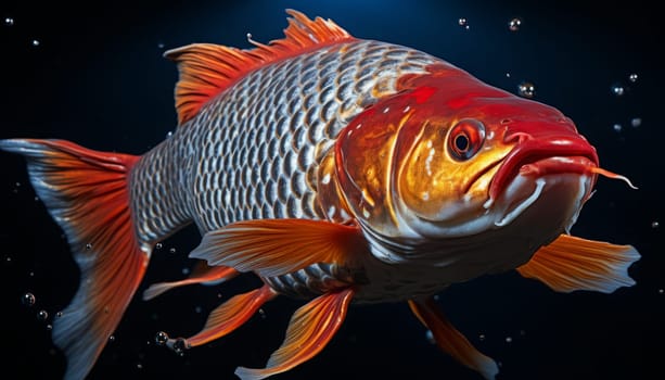 Close up view of Koi fish on dark background.