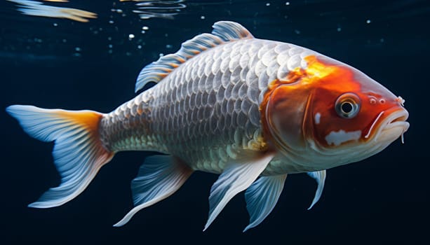 Close up view of beautiful and colorful koi fish on clear water.